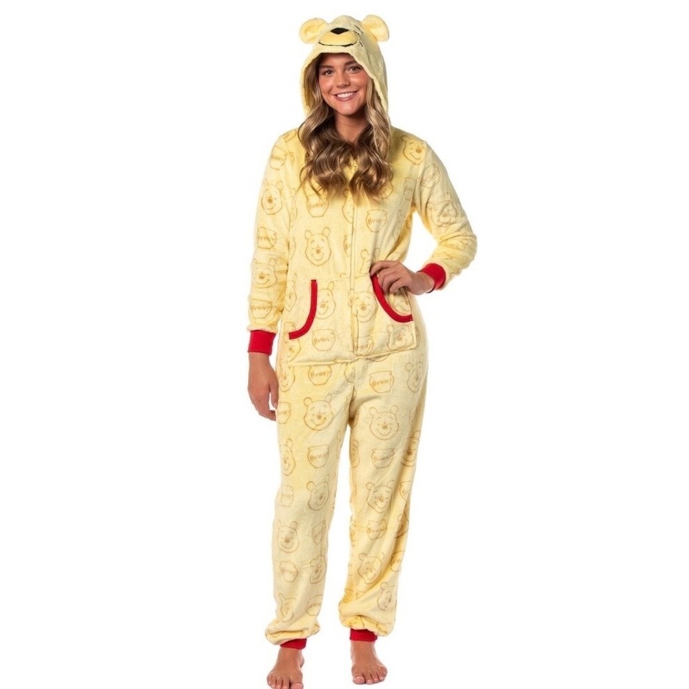 Disney Winnie the Pooh Plush Fleece Hooded One Piece Union Suit Yellow Large L - Picture 1 of 15